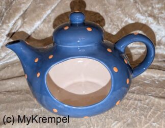 Versteck Teekanne bauchig Kristallglasur blau mit orangen Punkten